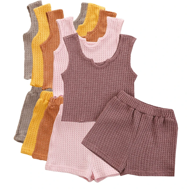 

2022 Kids Summer Short Sets for Girls Solid Color Sleeveless Tank Top Shorts 2 piece Set Girl Clothing Sets