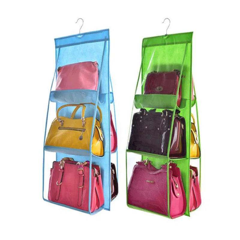 

Hanging Handbag Organizer in 6-Pocket for Wardrobe Closet Transparent Storage Bag Handbag storage organizer, Pink