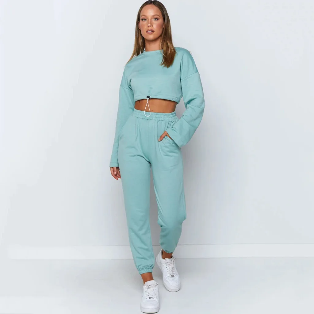 

Custom Logo Private Label Women Casual Sweatsuit Solid Color Cotton Jogging Suit Crop Tracksuit Set