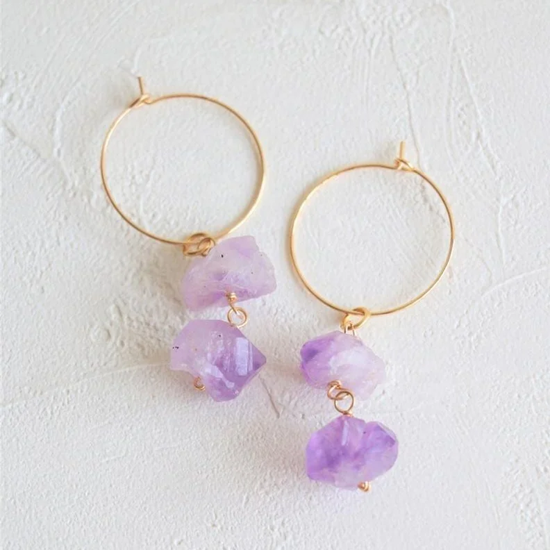 

New arrival handmade Amethyst dangle earrings gold plating raw stone hoop earrings