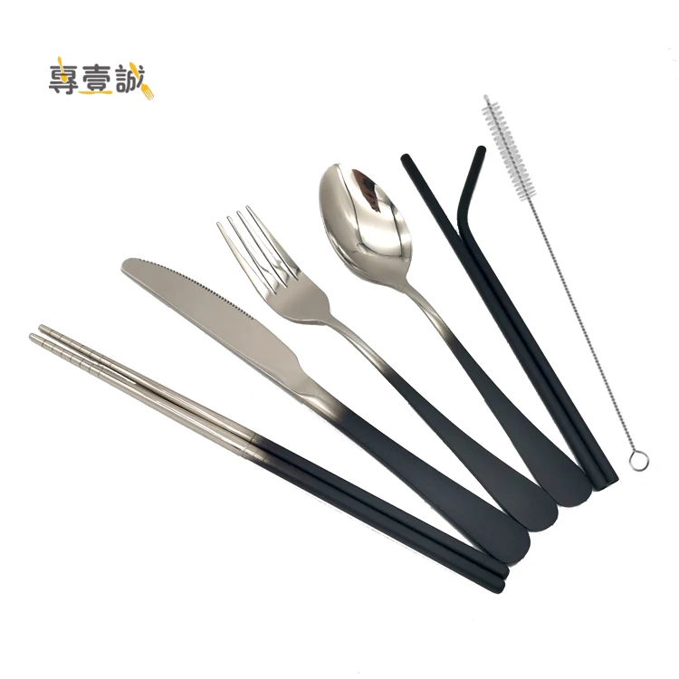 

Gradient Color Handle Silver Portable Cutlery Set Stainless Steel Camping Travel Cutlery Set With Chopsticks