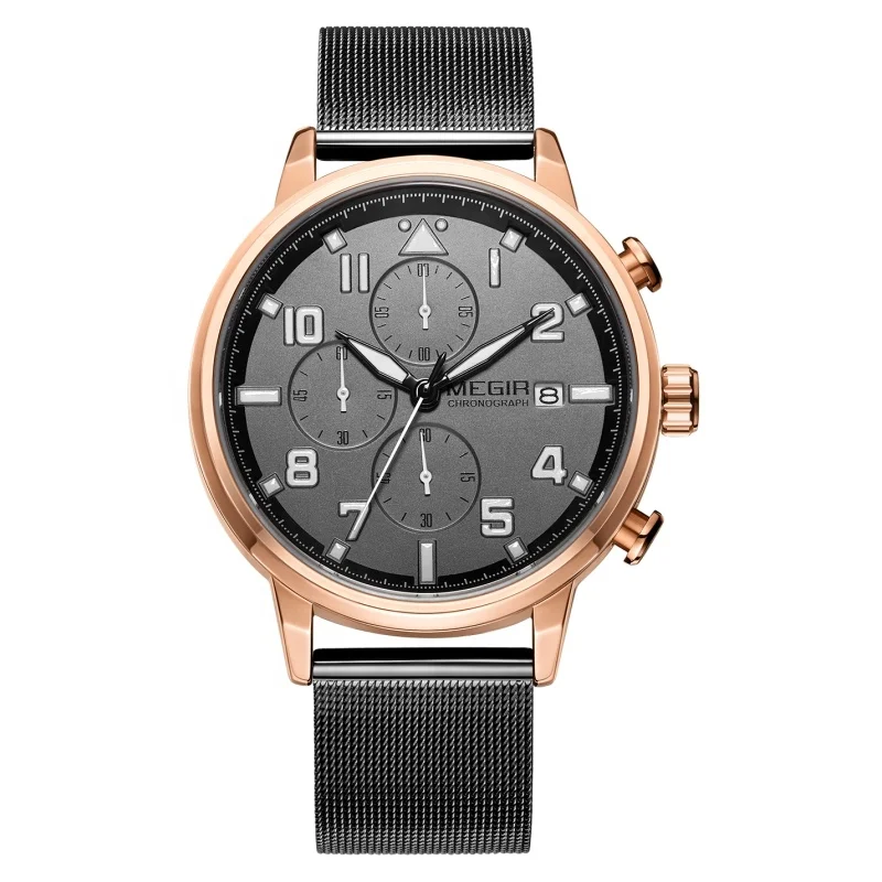 

New Business Megir 2157G black dial face watch Fashion Man Wrist Watch Sport Design mesh band Stainless Steel watch