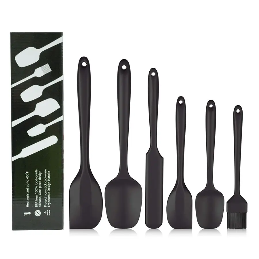 

Amazon Top Seller Nonstick Heat Resistant Cookware 6PCS Black Silicone Spatula Scraper Set for Cooking Baking