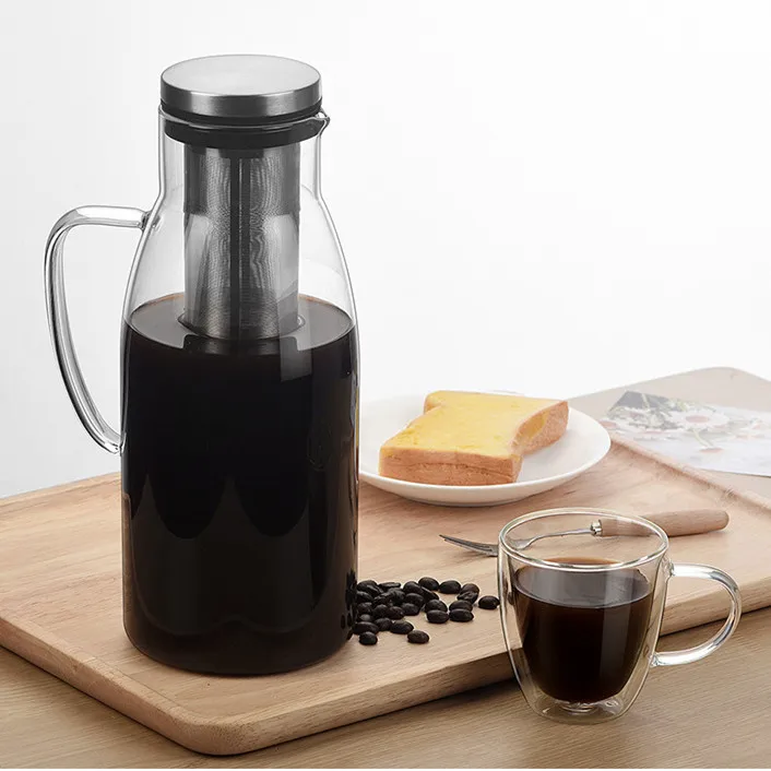 

fashion cold brew borosilicate glass coffee pot 1500ml for iced brew coffee pot with stainless steel coffee filter, Transparent
