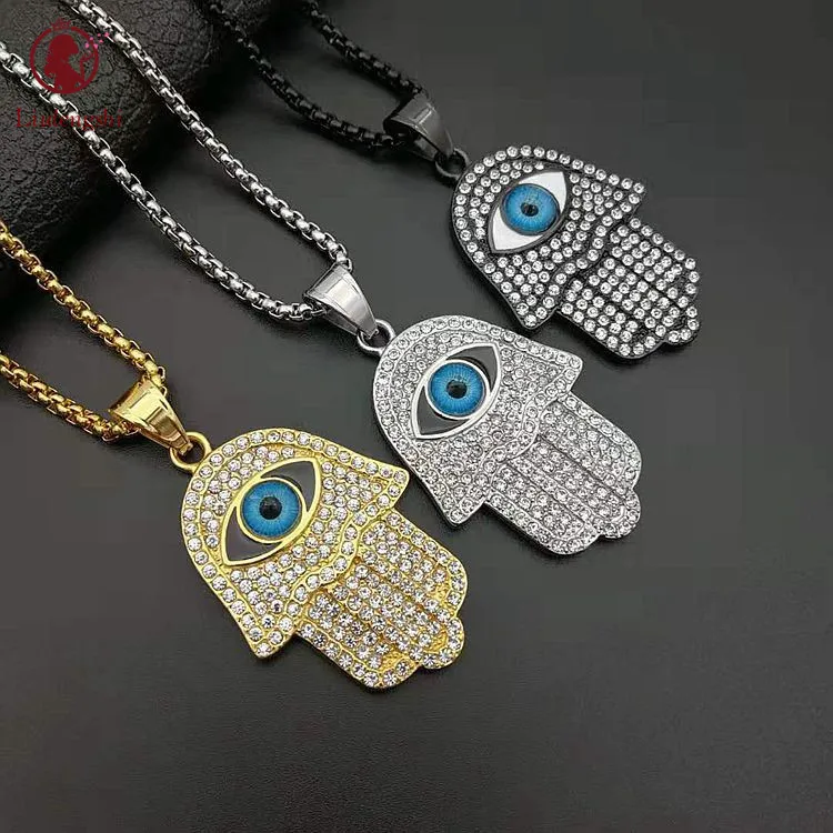 

Fashion Hips Hops Jewlery Stainless Steel Hand Shaped Necklace Bling Bling Cubic Zirconia Evil Eyes Hamsa Hand Necklace