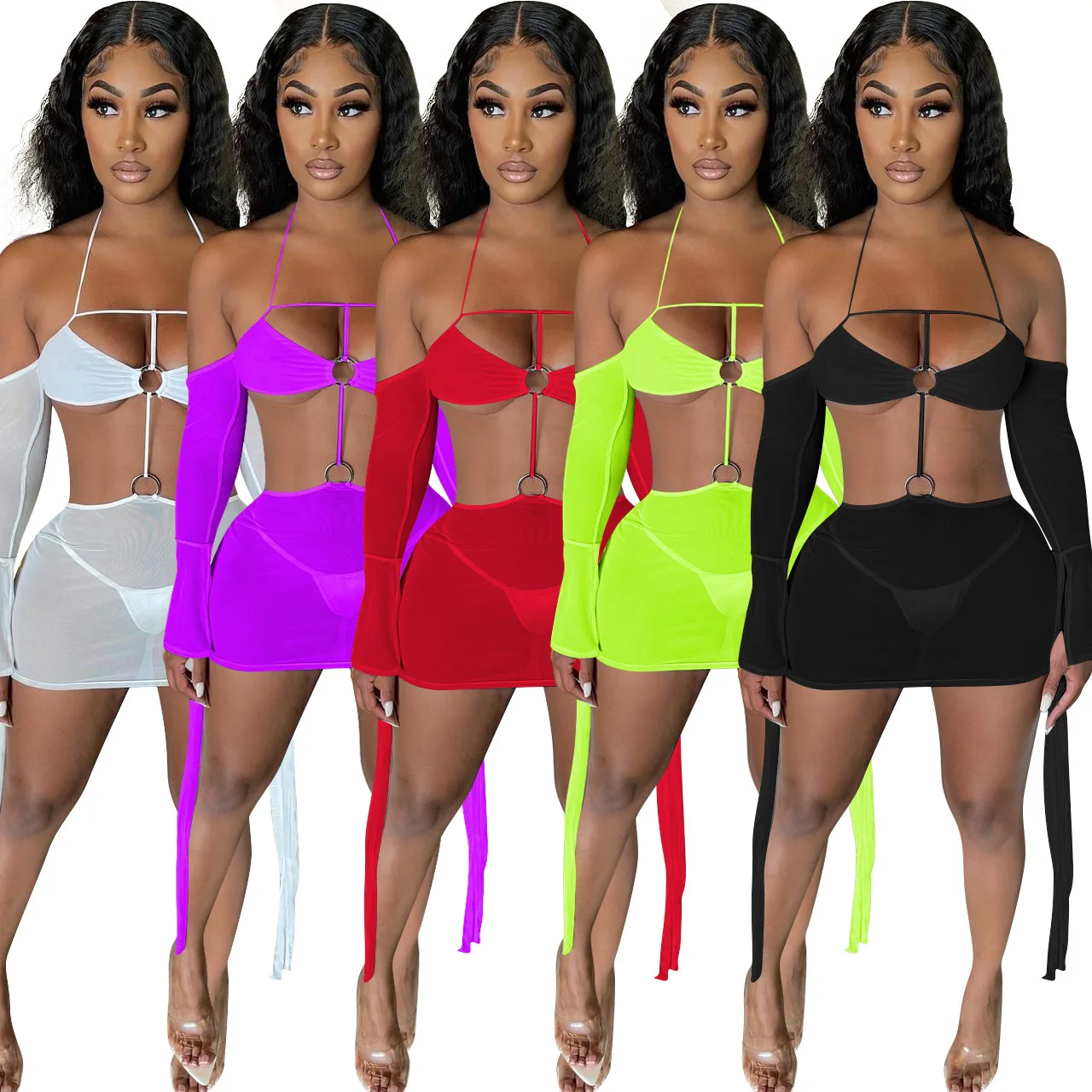 

Hot Selling 2021 Summer Club Wear Cut Out Dress Neon Color See Through Cross Front Halter Neck Dress, White, yellow, red, purple, black