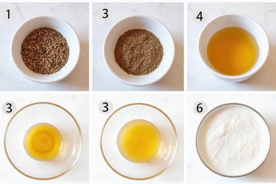 Step-by-step preparation of cumin tea showing toasting, crushing, and steeping process