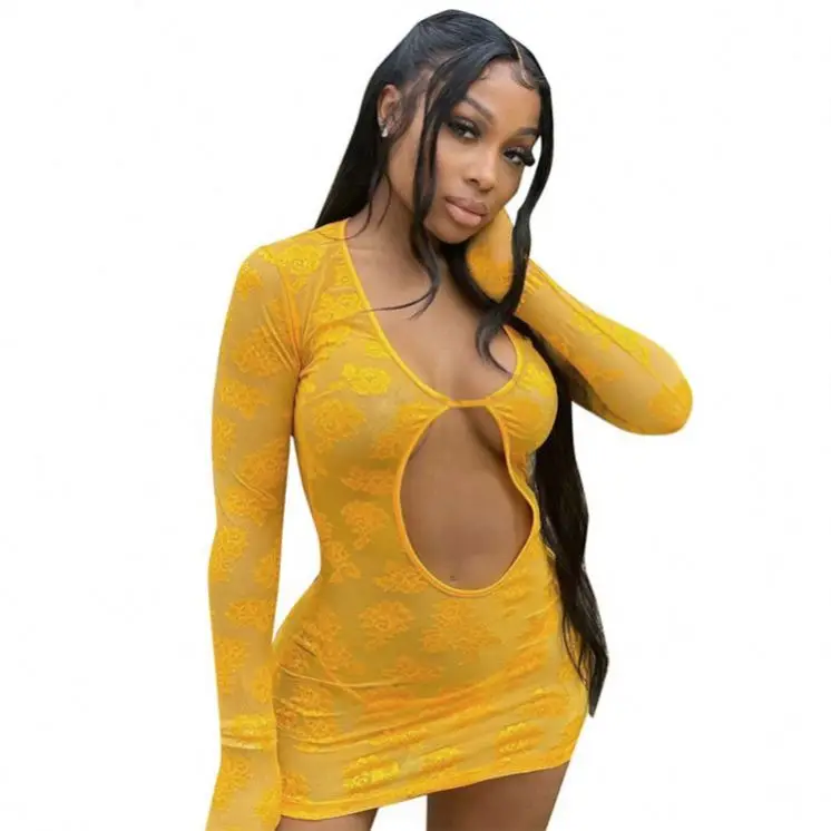 

OSINA Hollow Out Long Sleeve Sexy Ladies Dresses2021 Women Fashion Clothing Summer Casual Dress