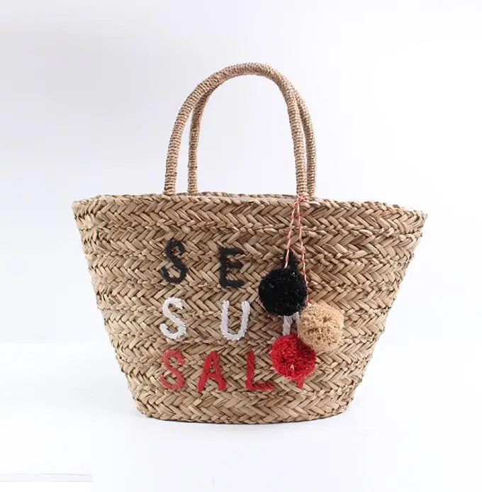 

wholesale summer straw seagrass beach bag fashion design pompom tote handmade branded bag