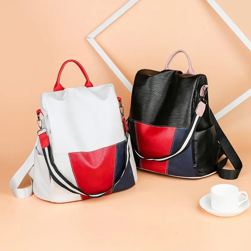 

Backpack women 2020 new Korean version PU backpack ladies small backpack outdoor travel bag hit color casual school bag, 2 colors