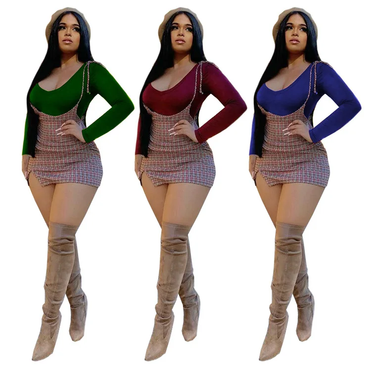 

Sexy Summer Bodycon Dress Plaid Skirt Set Two Piece Pleat Skirts Sets Women Clothing, Picture color
