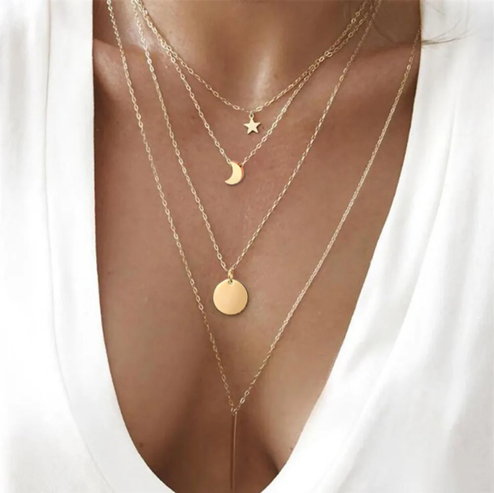 

Creative combination star moon coin long metal bar stainless steel pendant multi layer necklace, Different color is available