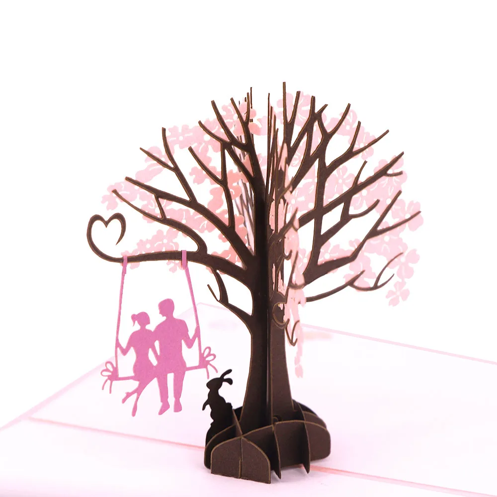 3D Laser Cut Cherry Blossom Tree Cards Pink Beauty Greeting Postcards Weeding QP 