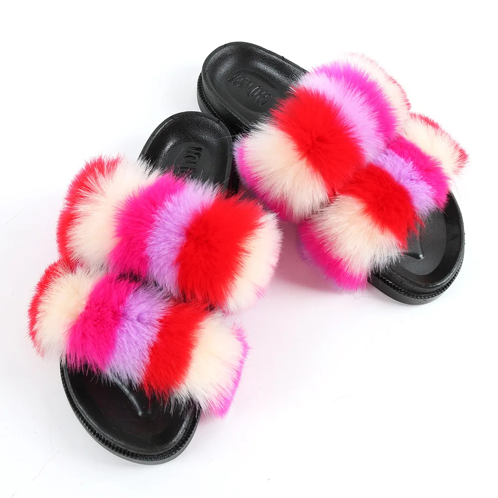 

2021 trend colorful 2 straps design Girls soft faux fur slippers fashion outdoor slides for women lady ladies fur slippers