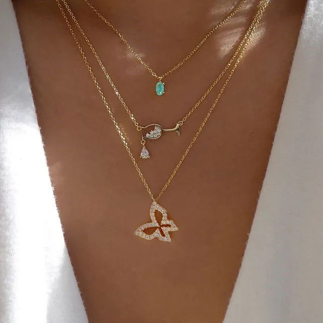 

New Style Multi - layered Necklace Goblet Jewel Butterfly Pendant Necklace