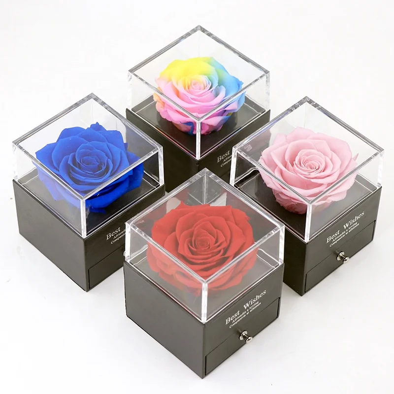 

hot seller preserved rose flower jewelry box with drawer real flowers acrylic rose jewelry box for valentine gift set