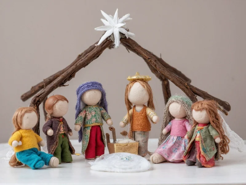 Close-up of handmade nativity figures using twigs and fabric scraps