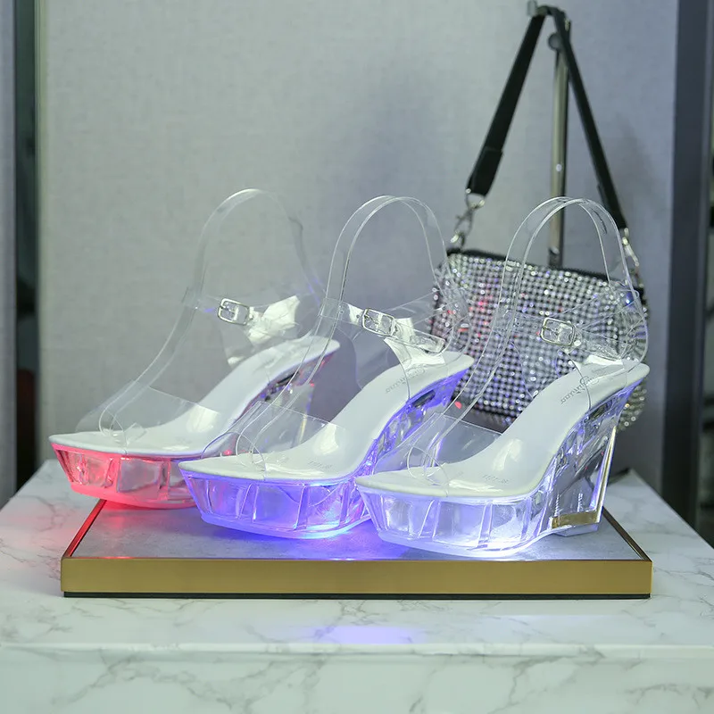 

Women Slope Heel Sandals Stripper Shoes Ladies Luminous Nightclub Pole Dance Shoes, Silver,rose gold,pink