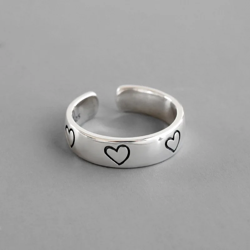 

Instagram Design Vintage Sterling Silver Heart Carving Open Rings Antique Silver Plated 925 Heart Resizable Rings, Picture