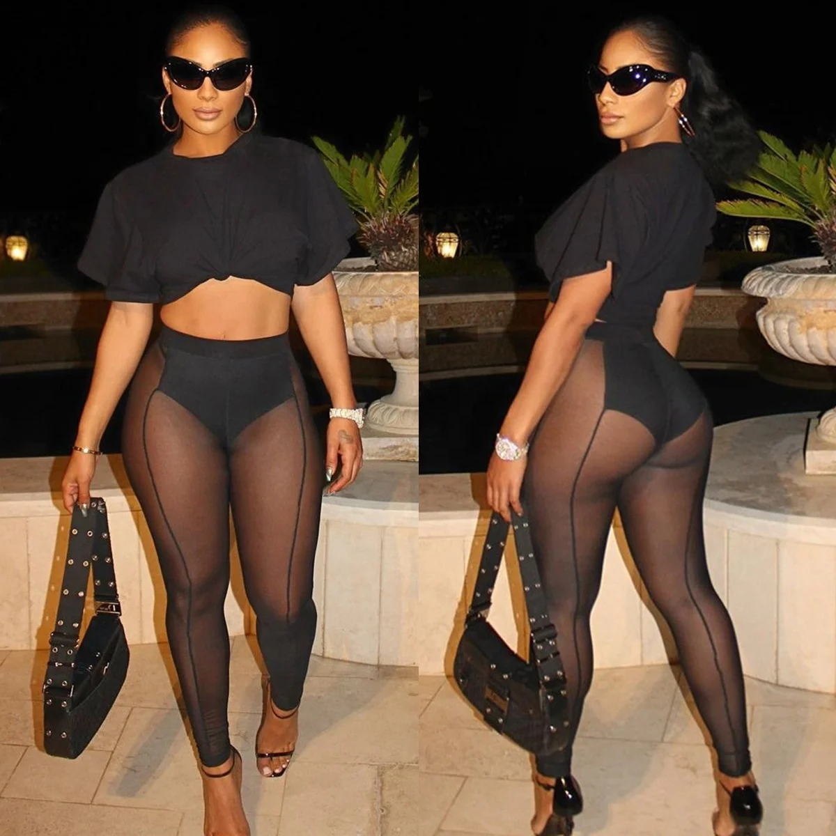 

Sexy Sheer Crop Top 2 Piece Set Women Black See Through Mesh Pants Sets Women's Clothing Two Piece Matching Outfits