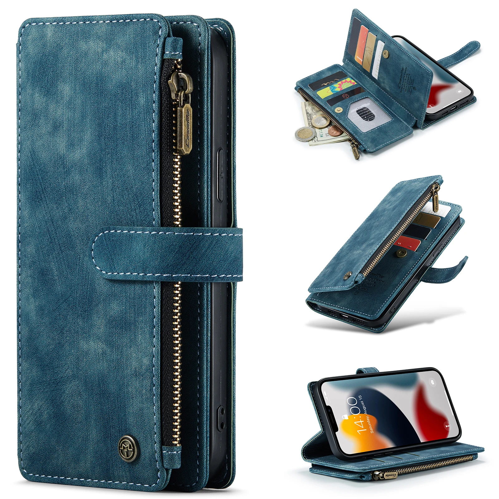 

PU Stand Card Holder Wallet Flip Pure Leather Phone Case for iPhone 13 5.4 6.1 6.7