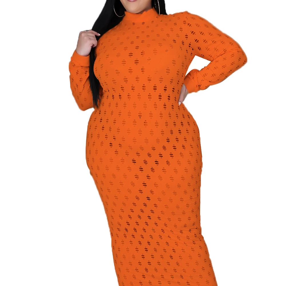 

Y107194 Plus Size Women Solid Color Mesh Bodycon Dress Long Sleeve O-neck Hollow Out High Stretch Ankle-Length Dress