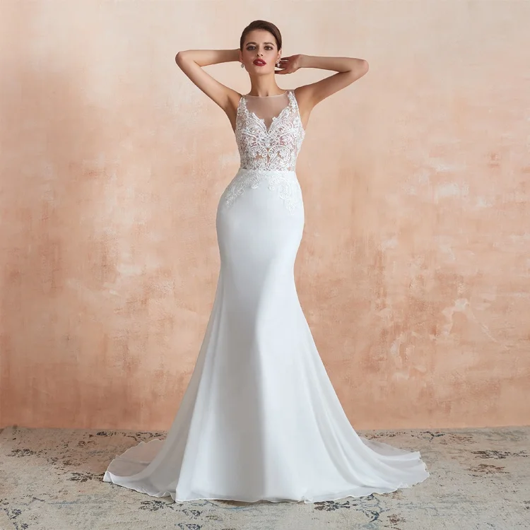 

Elegant See-through 2021 Neckline Chiffon Corset Sleeveless Vestidos De Novia Wedding Gown Mermaid Wedding Dresses for Bridal, White