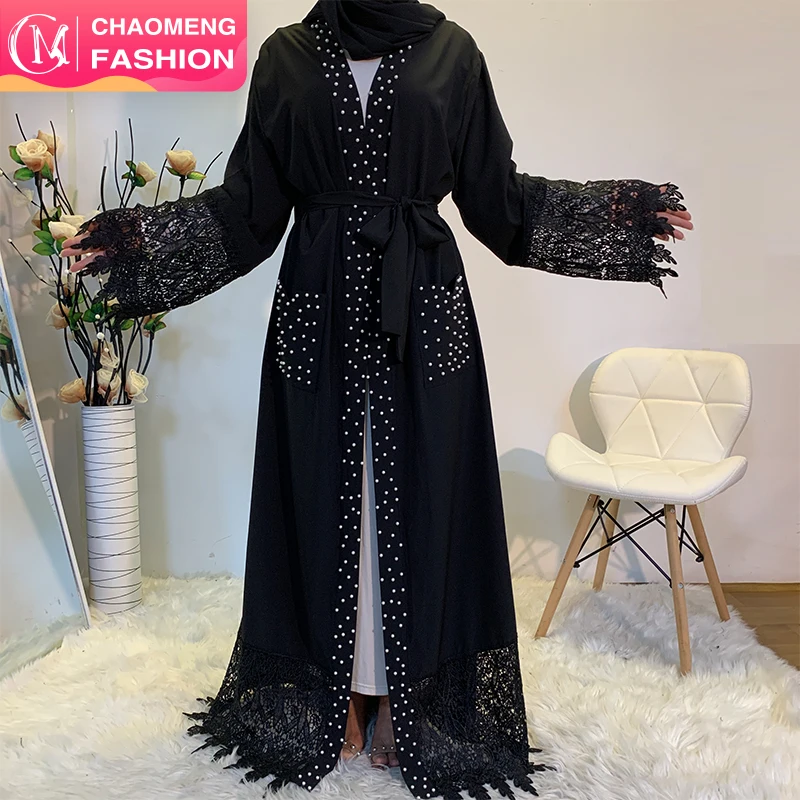 

1839# Nida High Quality Pretty Lace Abaya Luxury White Pearls Diamond Open Abaya Dubai UAE Modest Black Abayas With Pockets