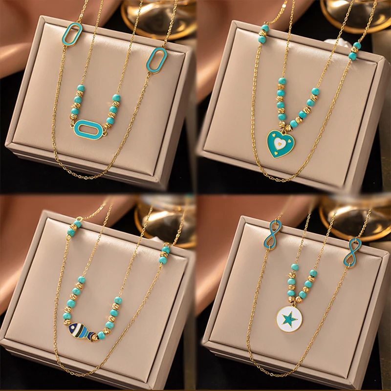 

18K gold Bohemian Long Green stone Stainless Steel double layer Bead necklace Jewelry Women
