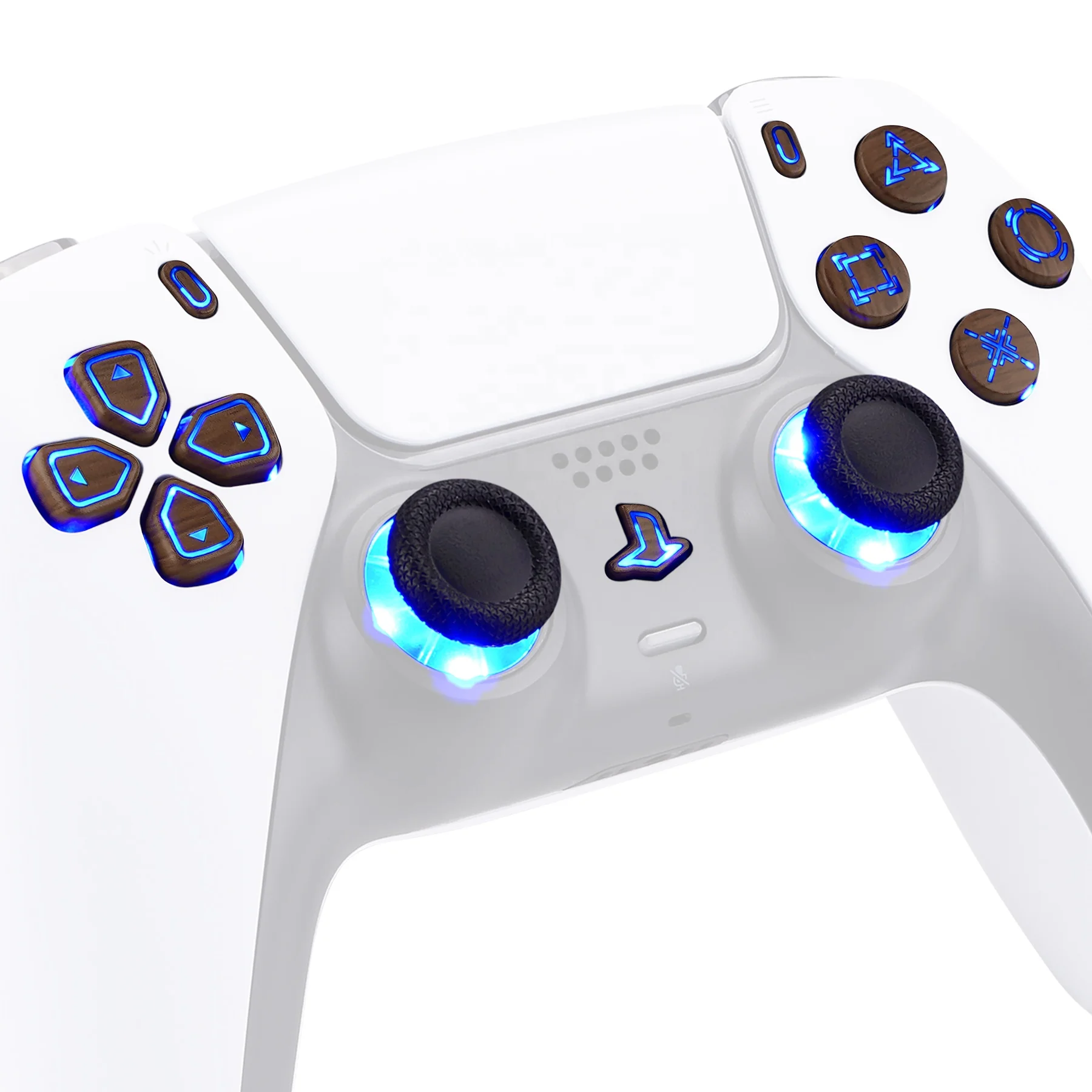 

Multi-Color ILLuminated Wooden Grain D-pad Thumbsticks Classical Symbols Buttons Touch Control DTF LED Kit For PS5 Controller