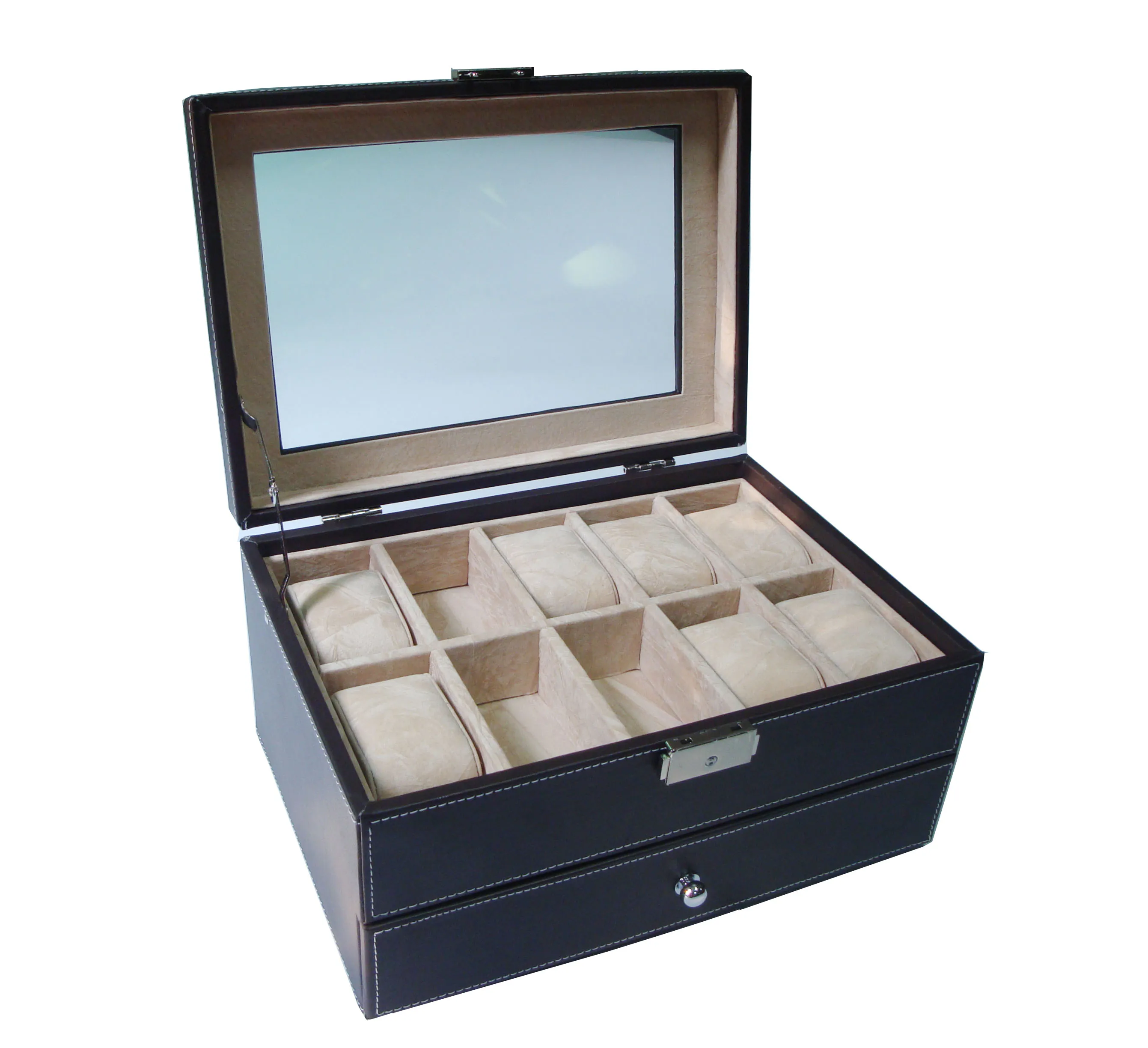 
Watch Box Organizer 10+10 Men Display Storage Case Jewelry Box Metal Hinge Black PU Leather Glass Top Large Holder 