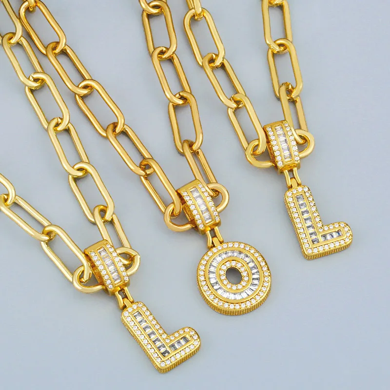 

Punk Jewelry 18k Real Gold Plated Curb Chain Initial Letter Necklace Link Chain Cubic Zirconia A-Z Alphabet Pendant Necklace