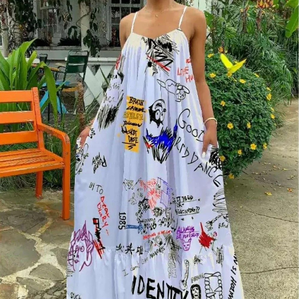 

Fashion graffiti print dress women suspenders halter loose long skirt beachwear