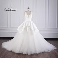 

Custom sleeveless tulle backless wedding gown chapel train v neck bride wedding dress