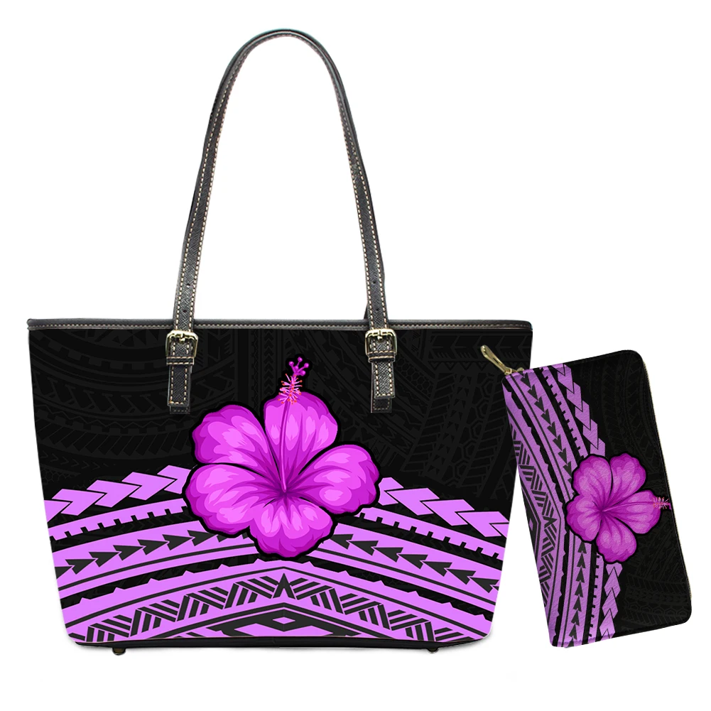 

Fashionable Purses And Handbags Set Navy Purple Hibiscus Flowers Tribal Flowers Printed Bags Big For Women Smooth Zipper Wallets, Customizable