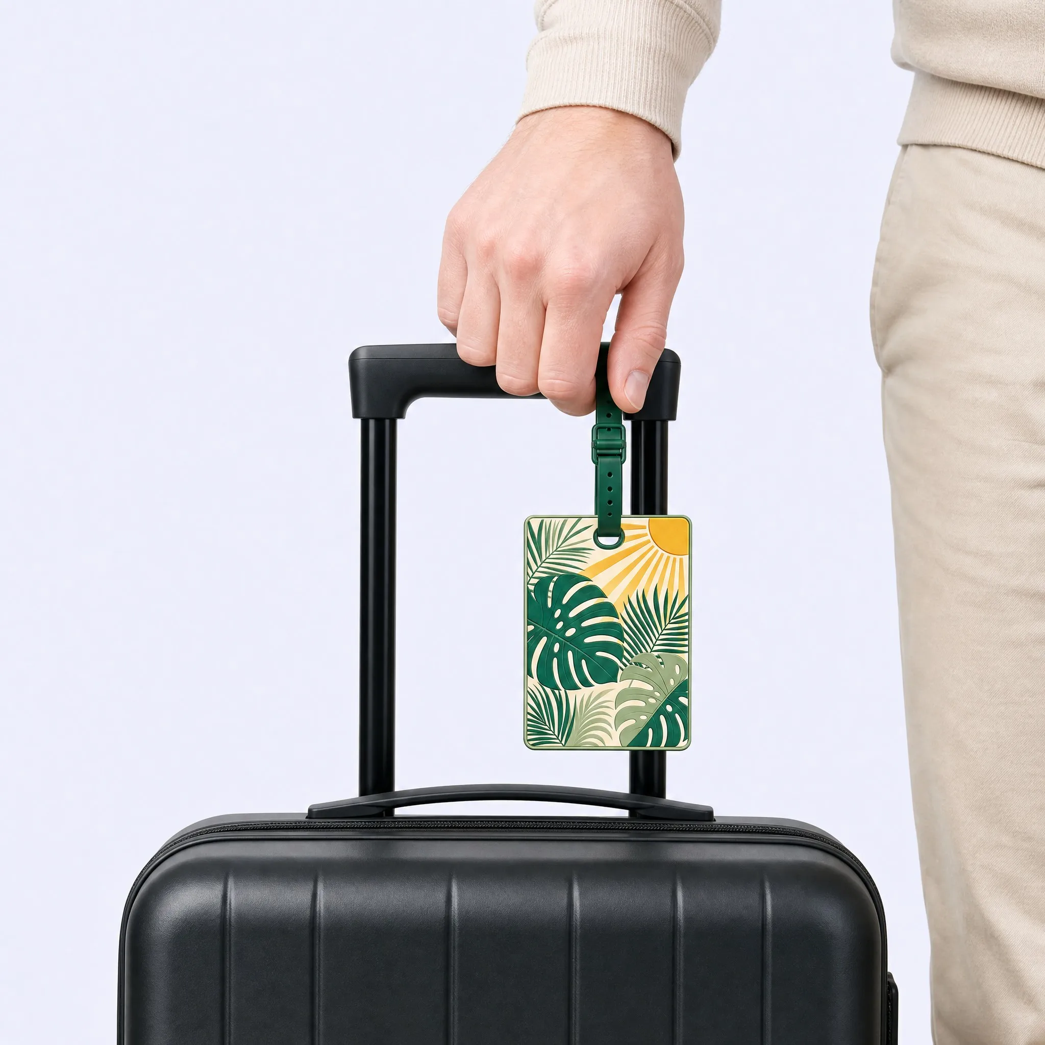 Custom 3D Soft PVC Botanical Luggage Tag Installed on Dark Grey Suitcase Handle Model Lifestyle