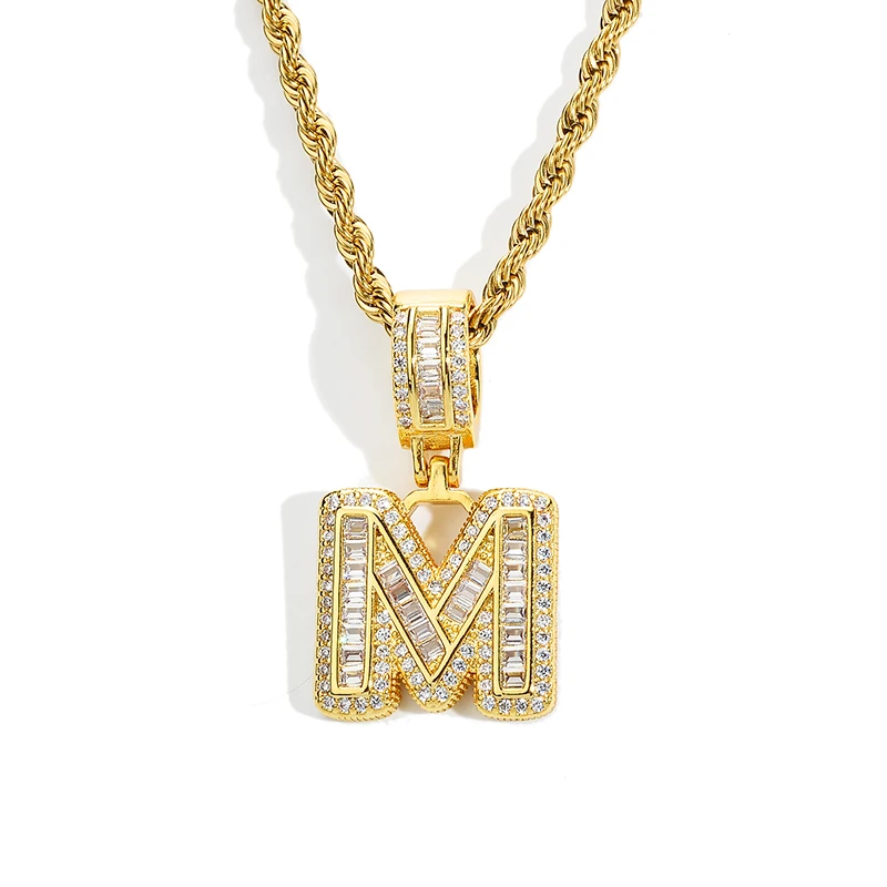 

Custom name hip hop baguette ice out embedded zircon 26 letters hip hop Bling Bling necklace pendant letters