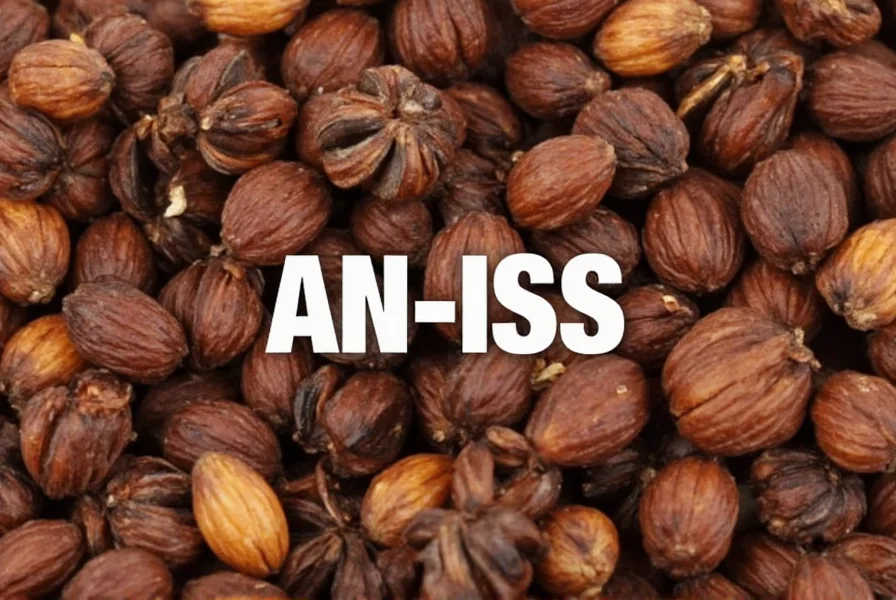 Close-up of anise seeds with phonetic pronunciation guide AN-iss overlaid