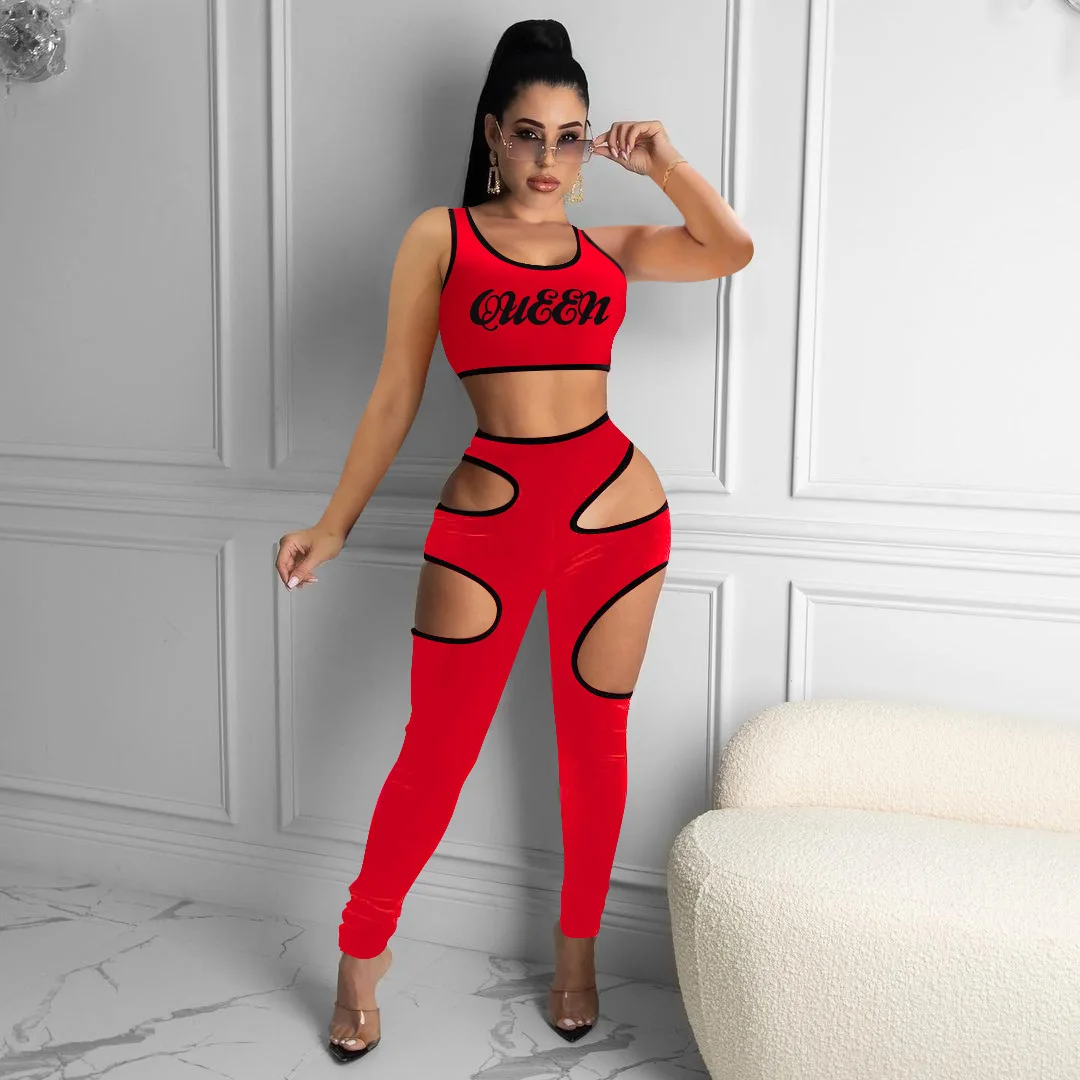 

NK220 Latest design letter print sleeveless women sets 2021 crop top plus size two piece pant sets hollow out 2 piece outfits