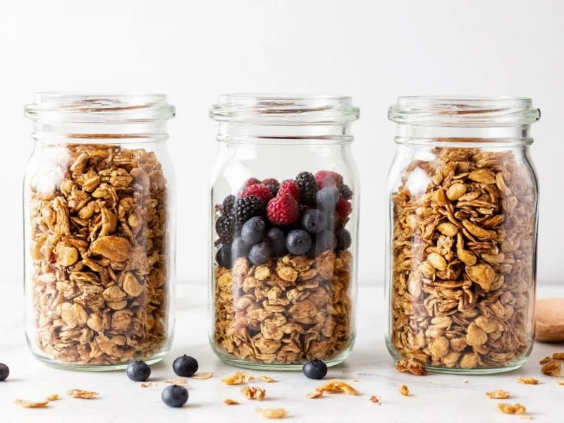 Three homemade granola variations in glass jars