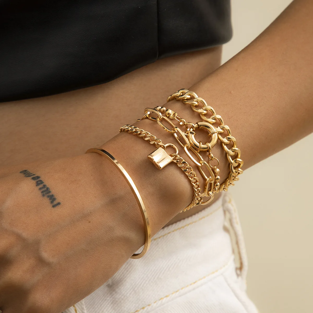 

5PCS/Set Multilayer Gold Sliver Plated Chain Bracelets & Bangles for Women Men Couples Boho Jewelry Gift Chunky Lock Bracelet, Sliver,gold