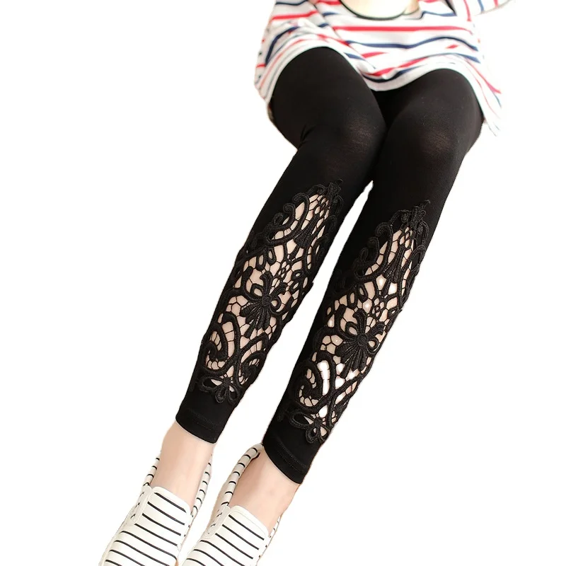 

Women Comfort Soft Stretch Embroidery Leggings Flower Lace Knitted Cotton Leggings Wholesale, Black,gray