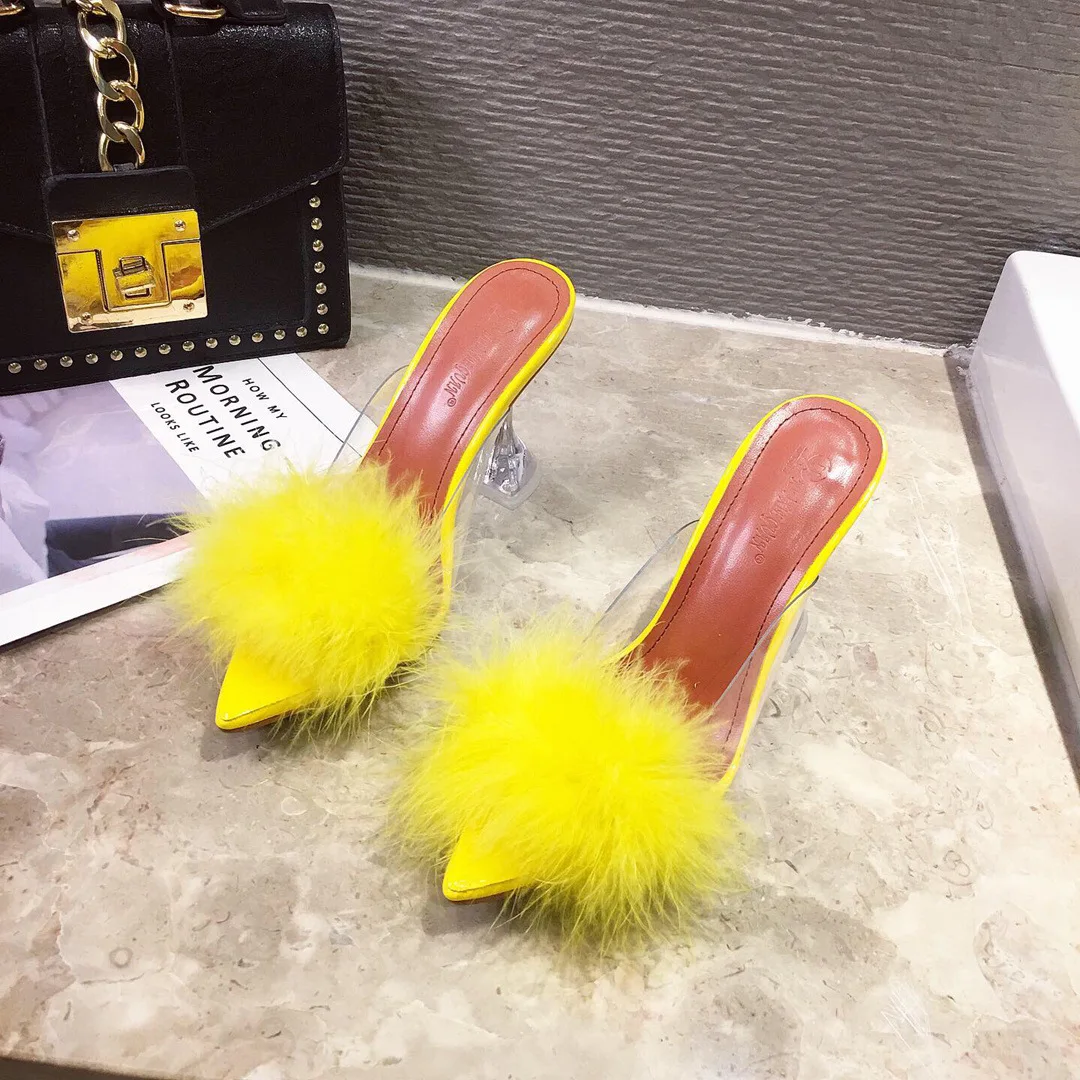 

Summer new American fashion sexy girl color pointed high-heeled fur sandals slippers, Pink