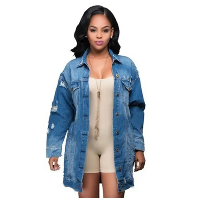 

Ladies denim jacket hot style European and American mid-length dark hole denim windbreaker jacket