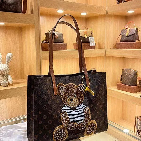 

SY 2022 New Fashionable pu leather Diamond luxury tote bags handbags for women with Bear embroidery, As picture