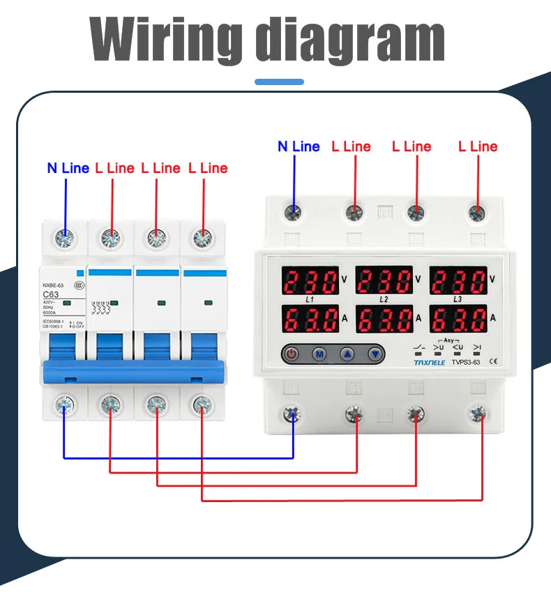 3 three phase Voltage Current Relay Protector 63A 60A 220V 3P+N Over ...