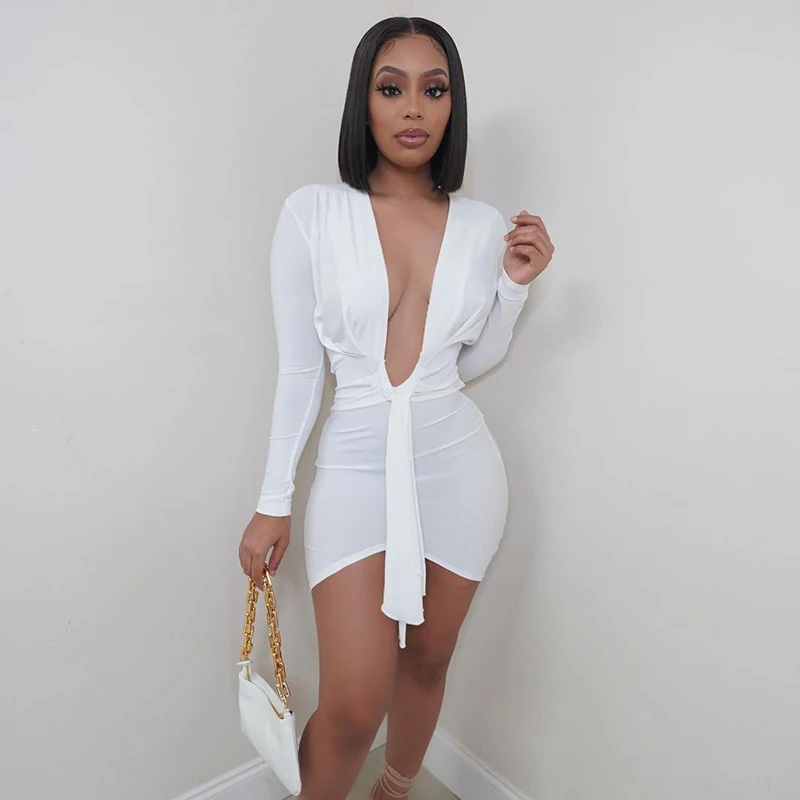 

Sandtree K21DS203 Sexy Deep V Neck White Dress 2021 New Arrivals Long Sleeve Solid Color Stacked Dress Women's Clothing