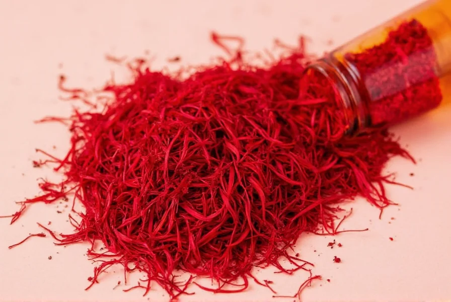 Close-up photograph of crystal saffron showing translucent golden crystals next to traditional red saffron threads for comparison