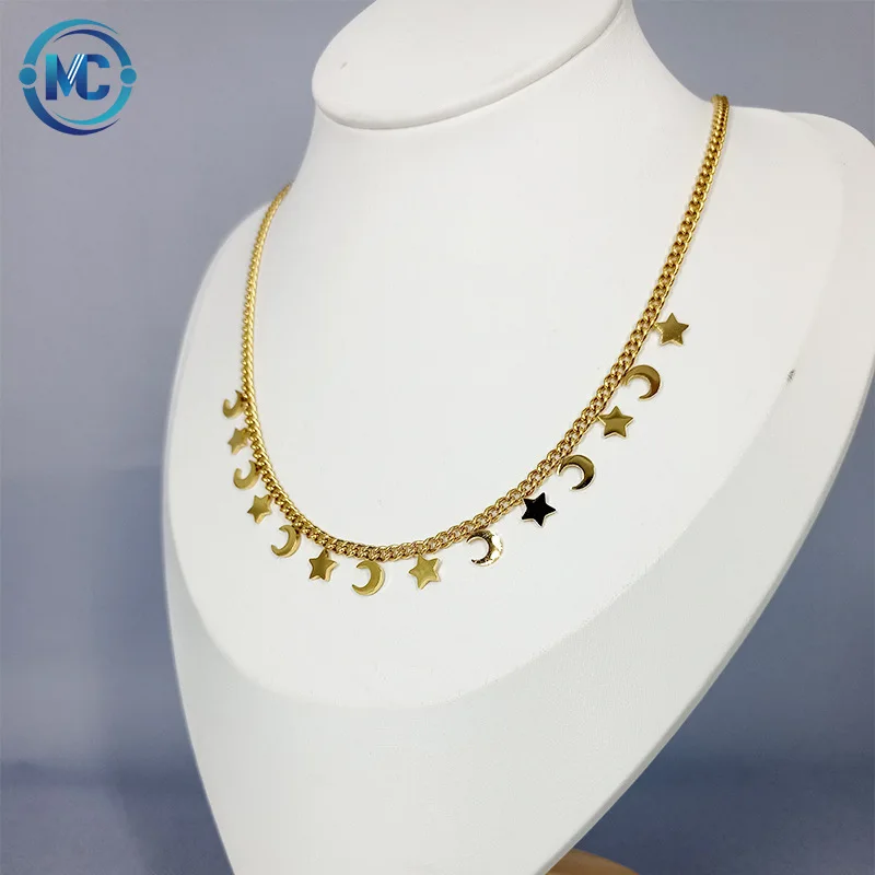 

2021 Sparkling Star and Moon Tassel Necklace Gold Plated Stainless Steel Cuban Link Chain Necklace Women, As the picture