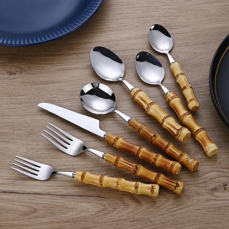 

Stainless Steel 100% Natural Real Wooden Bamboo Handle Cutlery Set, Silver